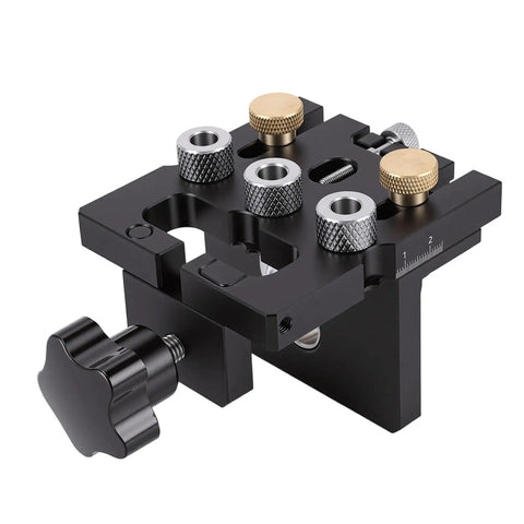 Heavy Duty Aluminum Woodworking Doweling Jig Kit with self-centering steel bushings and adjustable knobs for precise drilling.