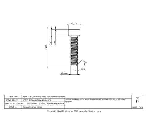 Technical drawing of a titanium socket head cap screw, 2-56 x 3/8 inch size, showing dimensions and specifications.
