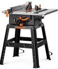 10 Inch Table Saw With Stand, 15 Amp Copper Motor Spins at 5300 Rpm for Badass Cuts through Hardwood, precision woodworking tool on a sturdy frame.