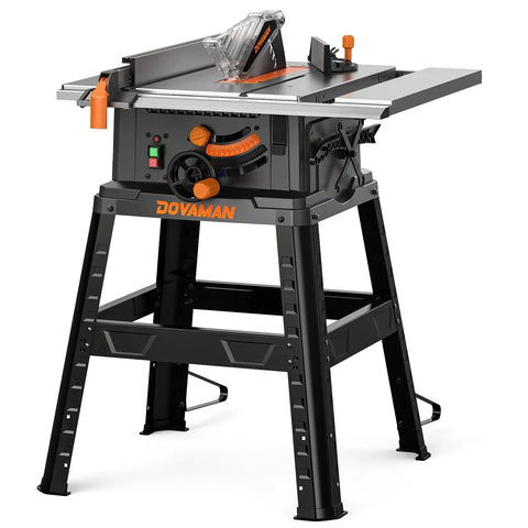 10 Inch Table Saw With Stand, 15 Amp Copper Motor Spins at 5300 Rpm for Badass Cuts through Hardwood, precision woodworking tool on a sturdy frame.