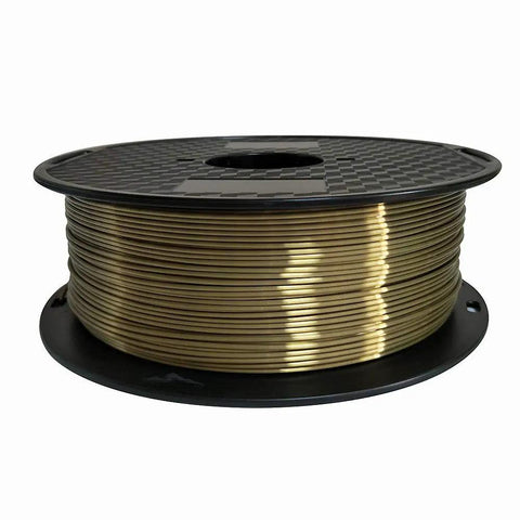 Silk Antique Gold PLA Filament 1.75mm 1kg spool with shiny metallic bronze brass finish on black reel