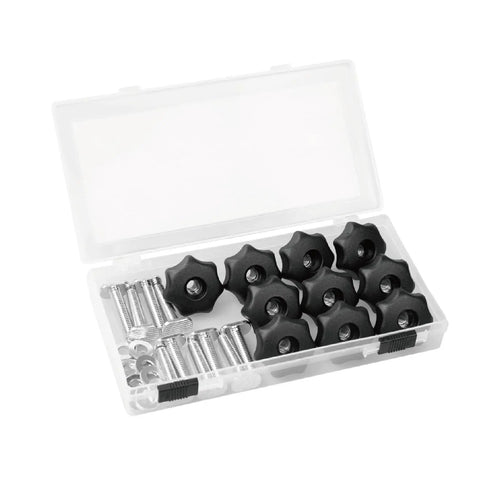 T Track Knob Kit With Seven Star Knobs And 1/4-20 Bolts And Washers, 10 Pack T Track Fasteners With Storage Case, open view
