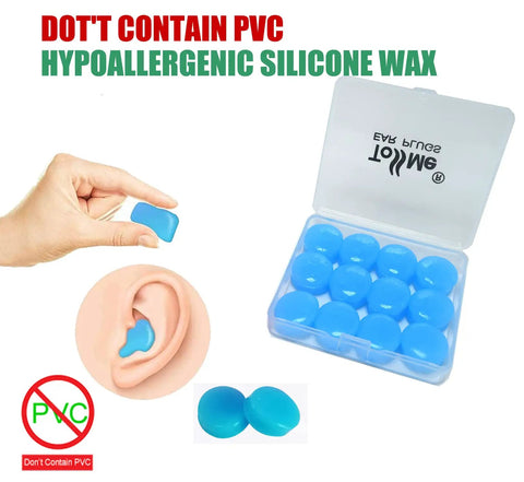 Soft Silicone Sleep Ear Plugs For Noise Reduction Up To 32dB in blue, shown in use and stored in a plastic case.