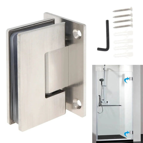 Hella Heavy Duty Glass Door Hinges Featuring Slick Stainless Steel Design For Effortless 90 Or 180 Degree Cabinet Swings And Kickass Bathroom Display Hardware That Rocks, showcasing stainless steel hinge with mounting screws.
