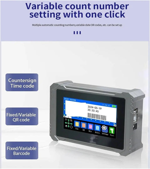 Smooth Operator Inline Industrial Inkjet Printer With Smart Touch Panel showing variable count number setting with a touchscreen display.