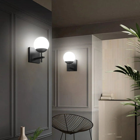Mid Century Modern Black Wall Sconce With Milky Glass Shade 1 Light Indoor Wall Lamp for living room, hallway view