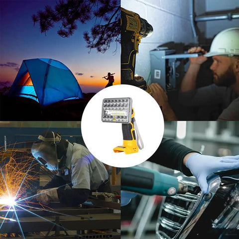 Collage with Ultra Bright 2000 Lumen 18W LED Work Light for Dewalt 20V Max, camping and various job sites