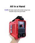 Portable 110V 250A Arc Stick Welder Inverter With IGBT Hot Start Ultra Lightweight 3.6 Lbs in hand, showing compact size