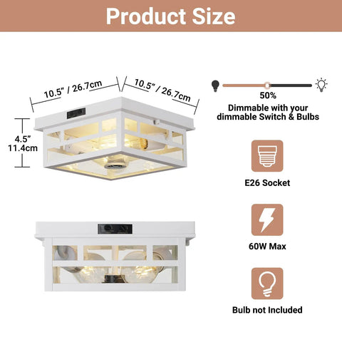 Outdoor Flush Mount Motion Sensor White Ceiling Light With Seeded Clear Glass Timeless Industrial Design size diagram