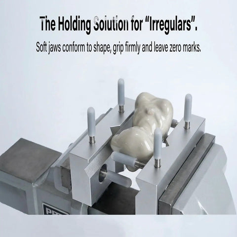 Top Shelf 6 Inch Aluminum Soft Vise Jaws Set Hard Hat Certified Heavy Duty 6061 T6 Bench Vice Pads on mill holding irregular shape.