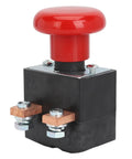 Must Have Emergency Push Button Switch For Electric Stackers And Forklift Pallets With Fast Power Cutoff Latching Design, red button on black base.