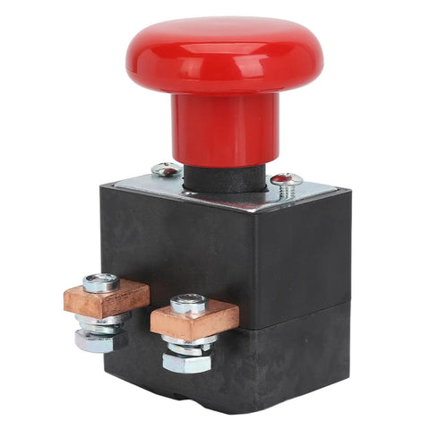 Must Have Emergency Push Button Switch For Electric Stackers And Forklift Pallets With Fast Power Cutoff Latching Design, red button on black base.