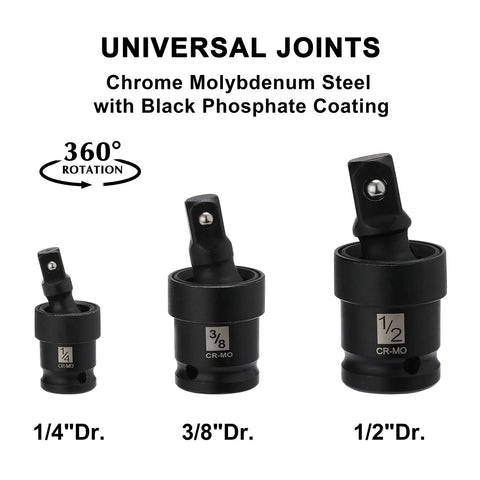 Universal joints for 18-Piece Drive Socket Set with 360° rotation in 1/4, 3/8, 1/2 inch sizes, chrome molybdenum steel.