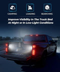 LED Truck Bed Light For Chevy Silverado And GMC Sierra 2019 To 2026 White Rear Cargo Area Lamp OEM Replacement Fits 1500 2500HD 3500HD Trucks Easy Plug In Lighting Upgrade Must Have displayed on a truck bed at night, enhancing visibility for loading and camping.