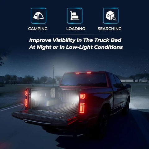 LED Truck Bed Light For Chevy Silverado And GMC Sierra 2019 To 2026 White Rear Cargo Area Lamp OEM Replacement Fits 1500 2500HD 3500HD Trucks Easy Plug In Lighting Upgrade Must Have displayed on a truck bed at night, enhancing visibility for loading and camping.