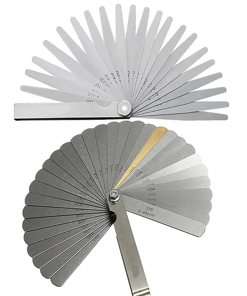 Two feeler gauge tools; top shows a 16-blade fan-style ruler, bottom a curved metal blade set with handle