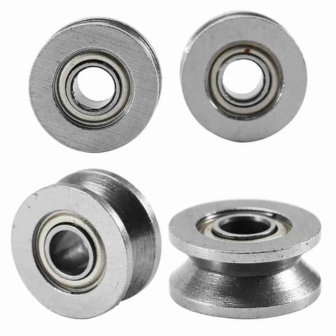 Built Like A Tank 10 Pack Carbon Steel V Groove Ball Bearings High Performance Heavy Duty Pulley Wheels For Smooth Motion System Guide Rails And Industrial Guideways 4x13x6mm shown from multiple angles, highlighting steel durability.