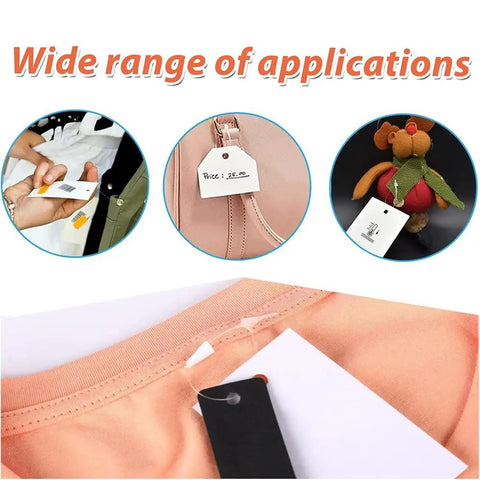 2000 Piece Bulk Clear Plastic Hang Tag Fasteners With Quick Snap Security Loops For Retail Stores No Sweat Setup Durable Polypropylene Price Pins 3 Inch 5 Inch Straight Up Apparel Hanging Kit used on various items, showing tagging applications.