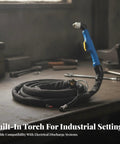 Workhorse Metal Cutting Torch Assembly With Thick Fireproof Leather Sleeve And Eight Meter Copper Cord Featuring Zero Leak Connectors and drop dead easy setup on a workbench.