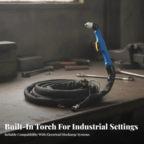 Workhorse Metal Cutting Torch Assembly With Thick Fireproof Leather Sleeve And Eight Meter Copper Cord Featuring Zero Leak Connectors and drop dead easy setup on a workbench.