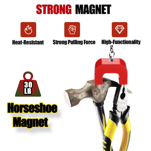Red 30 lb horseshoe magnet clamping nails with pliers nearby