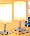 Set Of Two Touch Nightstand Lamps With USB C And USB A Ports AC Outlets Three Way Dimmable Bedside Lamps With White Fabric Shade Perfect For Bedroom Or Guest Room Bulb Included