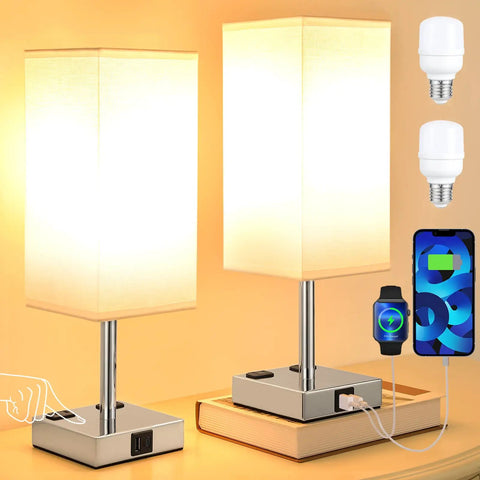 Beige Set of 2 Must-Have Touch Bedside Lamps With USB Ports and AC Outlets, showing touch control and included bulbs