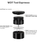 Exploded view of Espresso WDT Tool With 22 Needles For 58mm Portafilters showing cap, handle, stainless needles, and base.