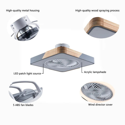 Enclosed Ceiling Fan With Light And Remote, 22 Inch Sleek Low Profile Wood And Metal Housing, Invisible Acrylic Blades, Square Gray.