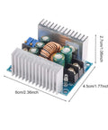 High Current Buck Converter Module for DIY Makers 6V to 40V Input 1 to 36V Output CC CV Mode 20A 300W with dimensions shown