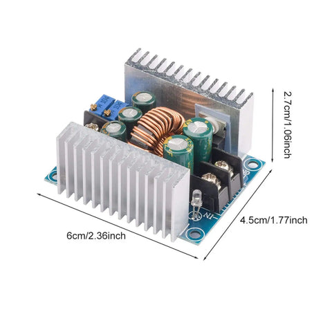 High Current Buck Converter Module for DIY Makers 6V to 40V Input 1 to 36V Output CC CV Mode 20A 300W with dimensions shown