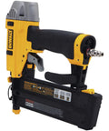 18 Gauge Brad Nailer Kit For Quick Finish Work Pneumatic Nail Gun Five Eighths Inch To Two Inches With Tool Free Depth Adjustment Jam Release Rear Exhaust And Maintenance Free Motor, showing side view with yellow and black design.