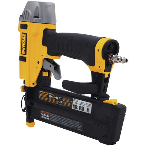18 Gauge Brad Nailer Kit For Quick Finish Work Pneumatic Nail Gun Five Eighths Inch To Two Inches With Tool Free Depth Adjustment Jam Release Rear Exhaust And Maintenance Free Motor, showing side view with yellow and black design.