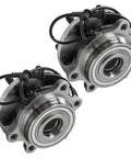 Front Wheel Bearing And Hub Assembly Compatible With Nissan Frontier 2005 To 2016, Pathfinder 2005 To 2012, Xterra 2005 To 2015, Suzuki Equator 2009 To 2012, 2 Piece Front Wheel Hub Kit For Easy Bolt On Replacement, showing two metal hub assemblies with bolts and wiring, ready for installation.