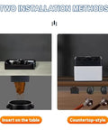 Electric Espresso Portafilter Cleaner With Knock Box And Dual Spin Brushes mounted insert table left and countertop style right for easy use.