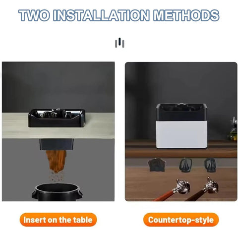 Electric Espresso Portafilter Cleaner With Knock Box And Dual Spin Brushes mounted insert table left and countertop style right for easy use.