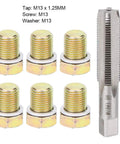 Heavy Duty M13 X 1.25mm Oil Pan Drain Plug Thread Repair Kit To Fix Stripped Threads And Stop Leaks With Precision Tap Tool For Easy Car Maintenance And Quick Engine Fluid Service Without A Messy Job., M13x1.25 steel tap with six drain plugs and washers
