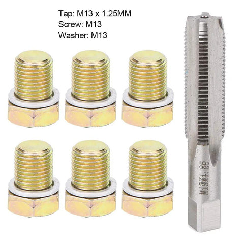 Heavy Duty M13 X 1.25mm Oil Pan Drain Plug Thread Repair Kit To Fix Stripped Threads And Stop Leaks With Precision Tap Tool For Easy Car Maintenance And Quick Engine Fluid Service Without A Messy Job., M13x1.25 steel tap with six drain plugs and washers