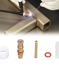 High Temp TIG Welding Torch Accessory Kit With Glass Cup Nozzle For 2 Point 4mm WP17 WP18 WP26 Argon Welder showing welding process and components.