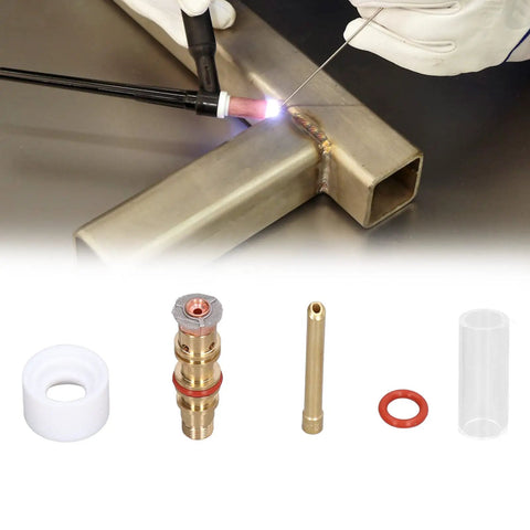 High Temp TIG Welding Torch Accessory Kit With Glass Cup Nozzle For 2 Point 4mm WP17 WP18 WP26 Argon Welder showing welding process and components.