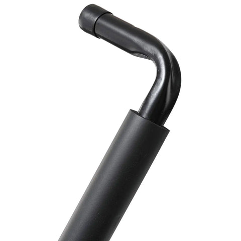 Close-up of Overhead Garage Storage Hooks Rack Ceiling Mounted Heavy Duty Utility Hangers for Ladder Hose Pipe Lumber, black metal hook.
