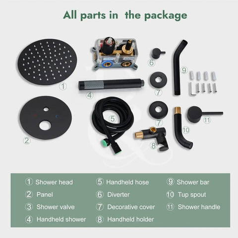 All parts of the Matte Black Tub Spout With Handheld Sprayer Shower System 8 Inch Rainfall Shower Head Wall Mounted Design