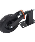 Ultra Heavy Duty 8 Inch Fence Gate Roller, Rock Solid 600 Lb Steel Core Caster With Quiet Rubber Tread, bracket and wheel detail.