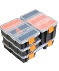 Four Piece Hardware Organizer Set With Three Different Sized Boxes For Bolts Screws Nails Nuts And Small Parts Built Tough In Black And Orange PP Plastic For Your Garage And Workshop with clear lids and orange latches