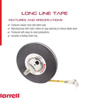 Long Line Tape Measure With Closed Reel, Nylon Rollers, Rewind Mechanism And Folding Hook, 100 Feet Length shown in black case.