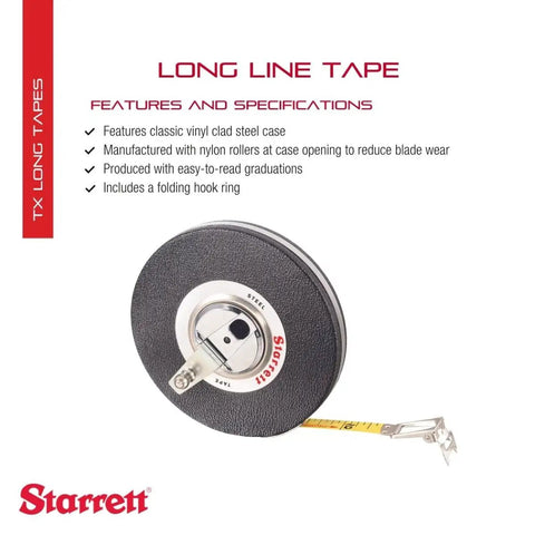 Long Line Tape Measure With Closed Reel, Nylon Rollers, Rewind Mechanism And Folding Hook, 100 Feet Length shown in black case.