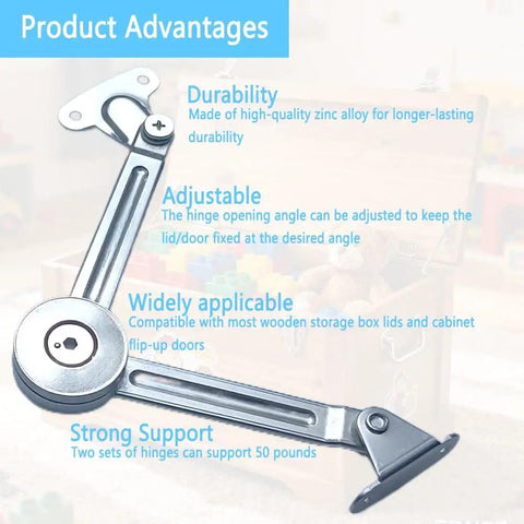 2 Pack Soft Close Toy Box Hinges With Heavy Duty Lid Support And Adjustable Tension For Wooden Boxes Jewelry Boxes Storage Chests Tool Boxes And Flip Up Cabinet Doors In Silver Finish For DIYers showcasing durability and strong support