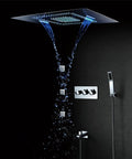 Straight Up Luxury Ceiling Mounted Thermostatic Shower System With LED Rainfall Mist Waterfall Heads and Body Jets in action.