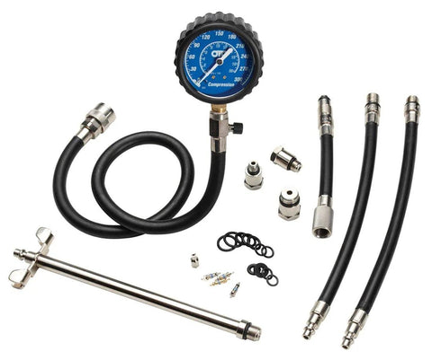 OTC 5605 Deluxe Compression Tester Kit with blue gauge, three hoses, and metal adapters