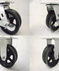 Heavy Duty 6 Inch By 2 Inch Swivel Caster With Brake And Rigid Casters Set For Seven Eighth Inch V Groove Iron Steel Wheels 1000 Lb Capacity Each, Four Pack For Carts And Machinery